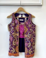Royal Blue Embroidered Jacket with Pink Crop Top - Image 3