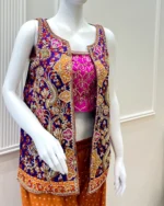 Royal Blue Embroidered Jacket with Pink Crop Top - Image 2