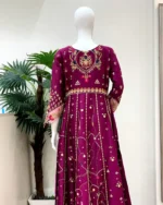 Purple Embroidered Anarkali Maxi with Pink Dupatta And Mirror Work - Image 3