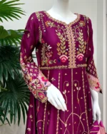 Purple Embroidered Anarkali Maxi with Pink Dupatta And Mirror Work - Image 5