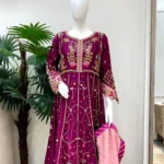 Purple Embroidered Anarkali Maxi with Pink Dupatta And Mirror Work