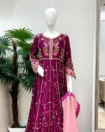 Purple Embroidered Anarkali Maxi with Pink Dupatta And Mirror Work