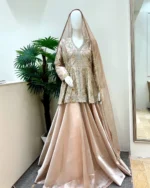Blush Pink Peplum Lehenga Set Heavy Silver Gold Zardozi Work