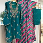 Teal Suit with Pink Lehariya Print Dupatta