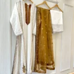 White Kurti with Gold Contrast Placket And Dupatta