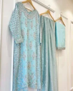 Sky Blue Kurti with Silver Zardozi Embroidery - Image 2