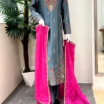 Steel Grey Kurta with Pink Dupatta And Zardozi Work