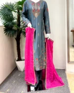 Steel Grey Kurta with Pink Dupatta And Zardozi Work