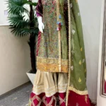 Olive Multicolor Kurta with Tri-Color Gharara