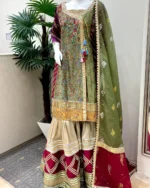 Olive Multicolor Kurta with Tri-Color Gharara