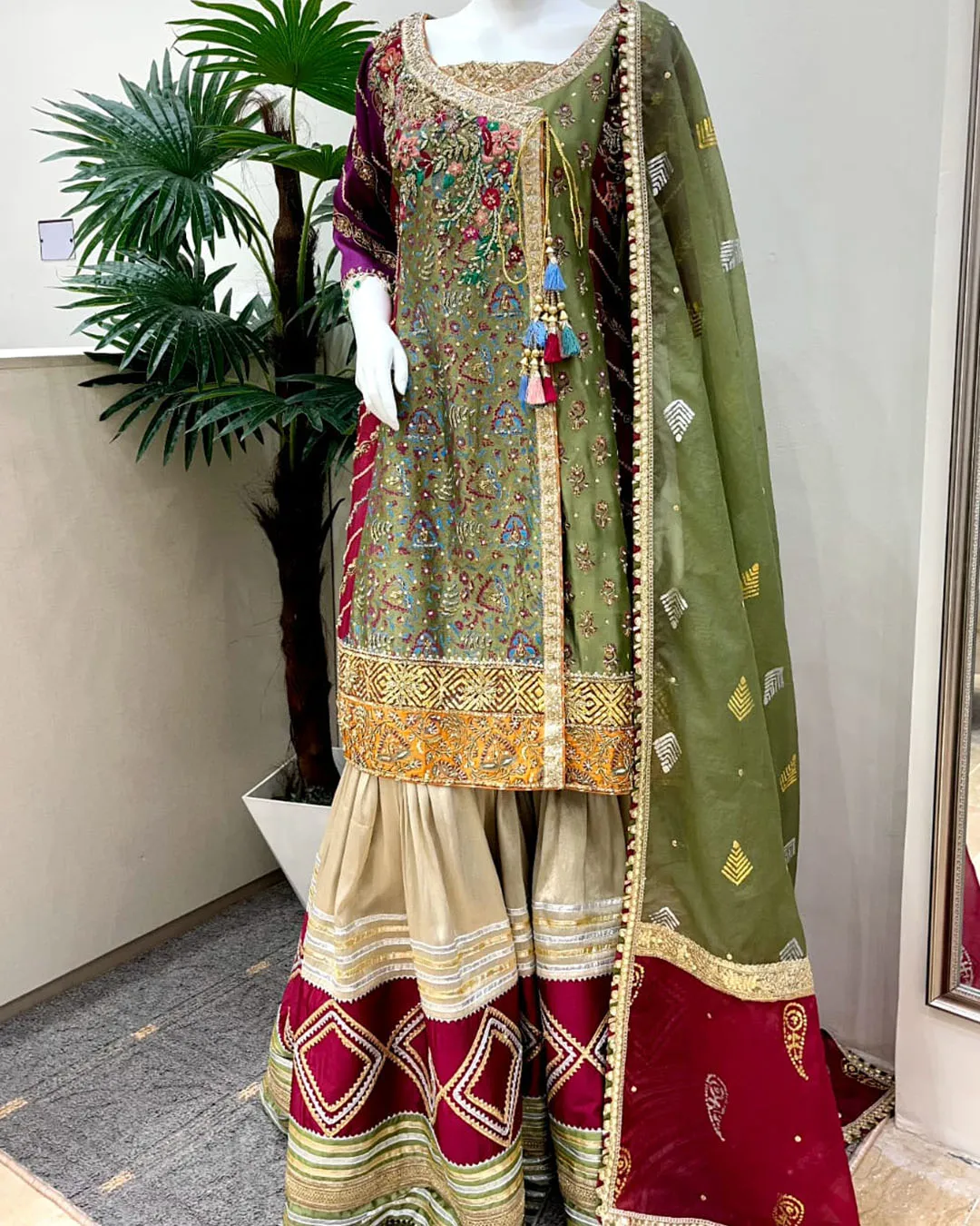 Untitled-2_0050_3a2a36ae-4e8b-4d2a-bc74-983b4dde12df Olive Multicolor Kurta with Tri-Color Gharara - Image 1