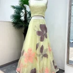Pistachio Green Crop Top Lehenga with Floral Applique
