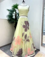 Pistachio Green Crop Top Lehenga with Floral Applique
