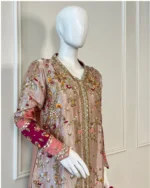 Metallic Suit Multicolor Floral Embroidery And Velvet Cuffs - Image 3
