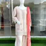 Peach Embellished Kurta with Coral Dupatta