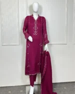Hand-Embroidered Chiffon Kurta with Scalloped Dupatta And Trouser