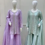 Graceful 3-Piece Suit Sequin Vine Work with Wide-Leg Sharara