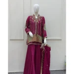 Zari Embroidered Short Kurti with Gharara And Dupatta