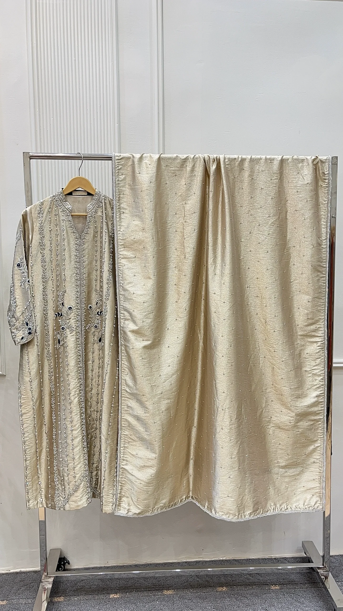 IMG_1644.JPG Champagne Gold Tissue Kurta with Zardozi And Pearl Dupatta - Image 1