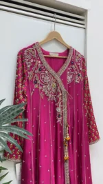 Angrakha Frock with Printed Sleeves And Zardozi Neck - Image 4